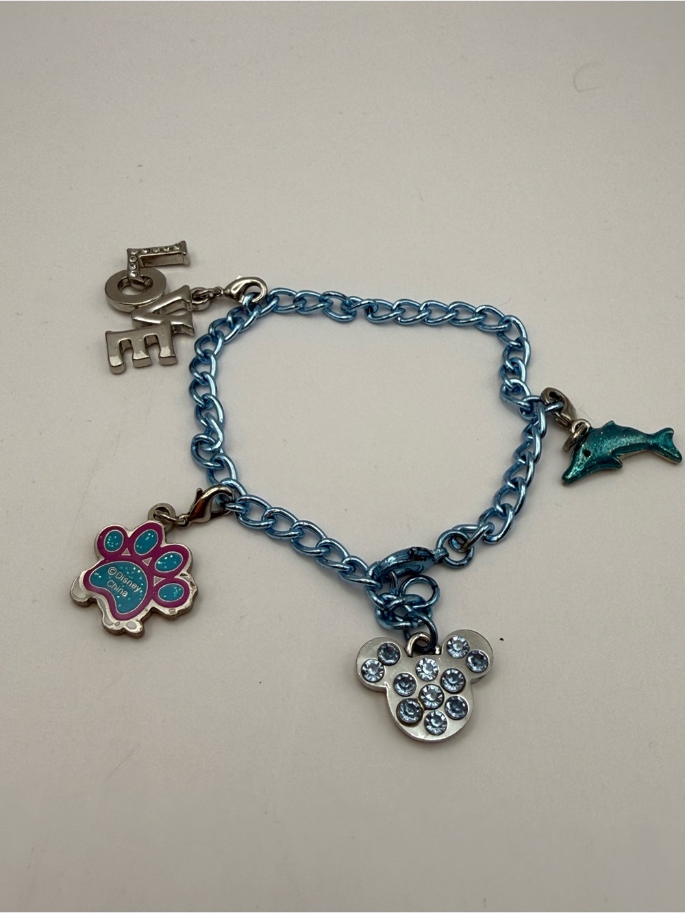 Disney Dumbo Mickey Mouse Charm Bracelet Blue Chain Dolphin LOVE Rhinestone